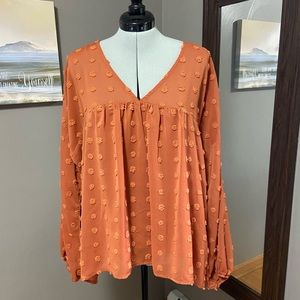 ANDTHEWHY 🧡 Burnt Orange Double Layer Sheer Top w/ Pom Accents Women 1X